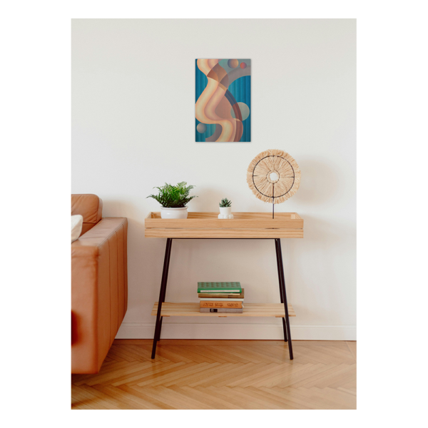 Stewart Walker's Composition No. 61 printed on vinyl and rolled onto aluminum hung up on a wall above a desk. The print depicts abstract shapes and muted pinks and blues.