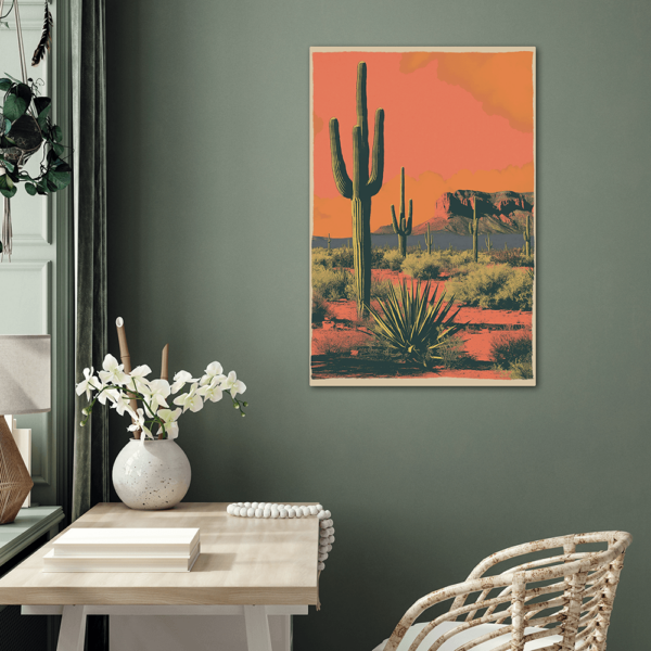 An aluminum piece of art hung on a green office wall depicting a desert scene with a cactus.