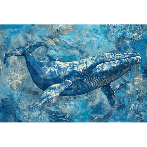 A blue whale swimming on a background of abstract paint.