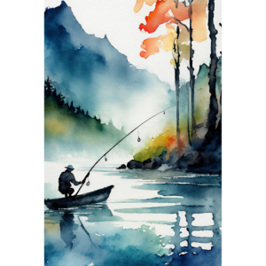 Watercolor fisherman on a boat.