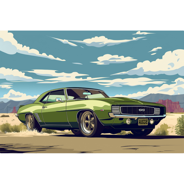 A Camaro in the desert with dust billowing around the tires.