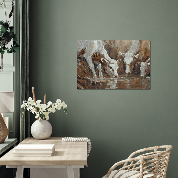 An aluminum print of cows at a watering hole hung up on a green office wall.