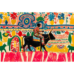 An African Bull rider on a bull in front of a colorful back drop made up of bright abstract shapes.