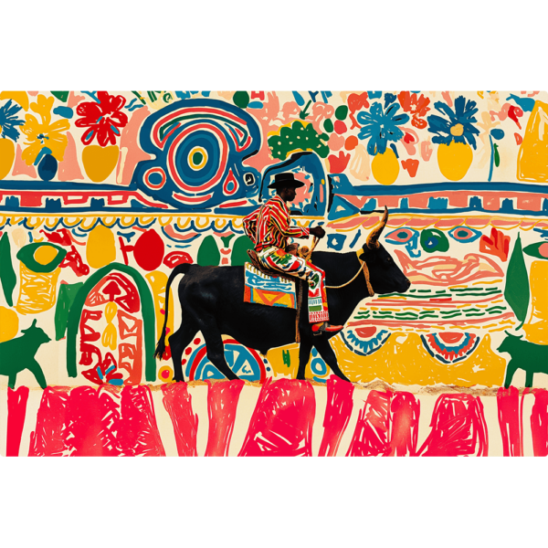 An African Bull rider on a bull in front of a colorful back drop made up of bright abstract shapes.