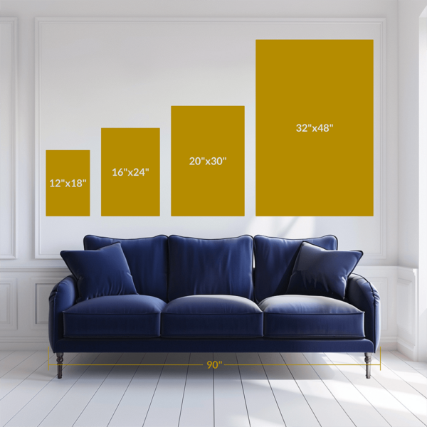 Scale reference with a couch and artwork sizes above to show scale.