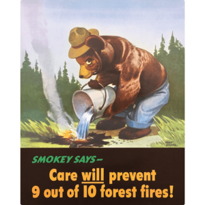 Smokey Bear in his hat and jeans pouring water over a fire with a bucket. Text at the bottom of the image reads