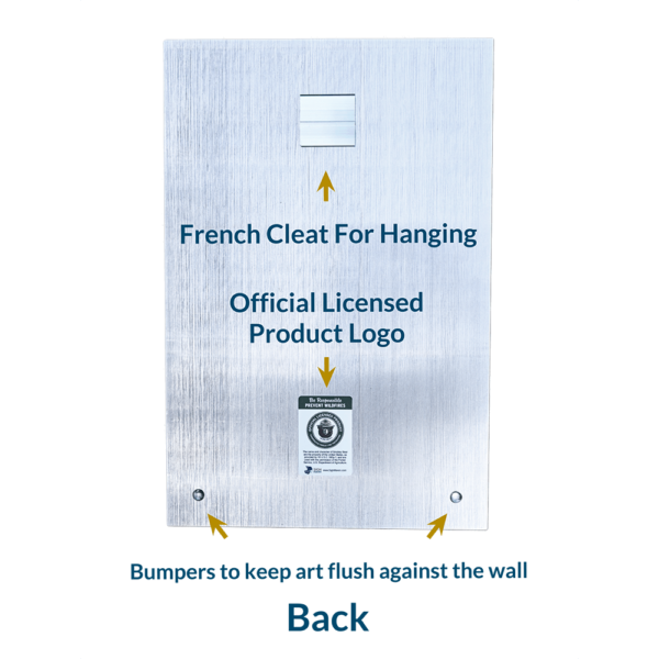 Diagram of the back of the sign showing the french cleat, official licensed product photo and bumpers to keep the sign flush to the wall.