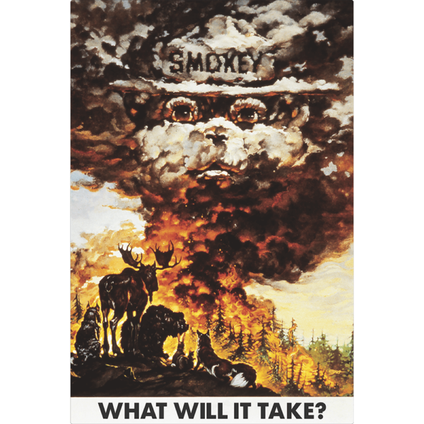 A vintage poster with an image of wildlife looking at a burning forest. A plume of smoke emerges and forms the shape of Smokey Bear. Text at the bottom says