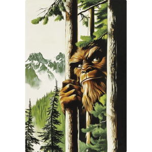 Big Foot peering through the trees amidst a backdrop of mountains.