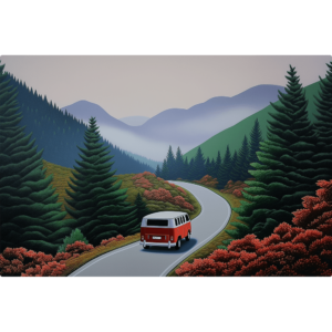 A red VW bus driving through misty mountains.