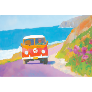 Retro van driving along the coast in a painted scene.