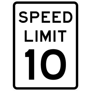 A black and white R2-1 Speed Limit 10 Sign.