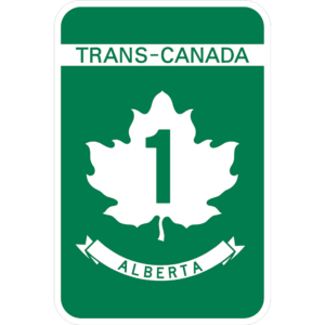 A Trans-Canada highway sign in green and white featuring an icon of a maple leaf.