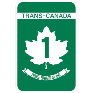 A Trans-Canada Prince Edward Island Highway Sign in green and white featuring an icon of a maple leaf.