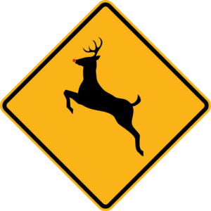 A yellow and black diamond warning sign featuring a deer symbol depicting Rudolph with a red nose.