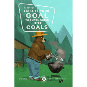 A poster depicting Smokey Bear extinguishing hot coals in a barbecue to prevent human caused fires.